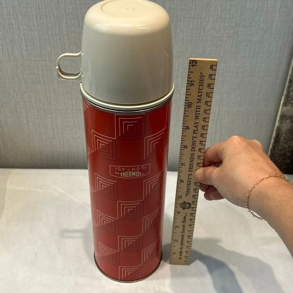 Vtg Red Icy-Hot Thermos Quart Size Lid Cap Cup Squares Pattern